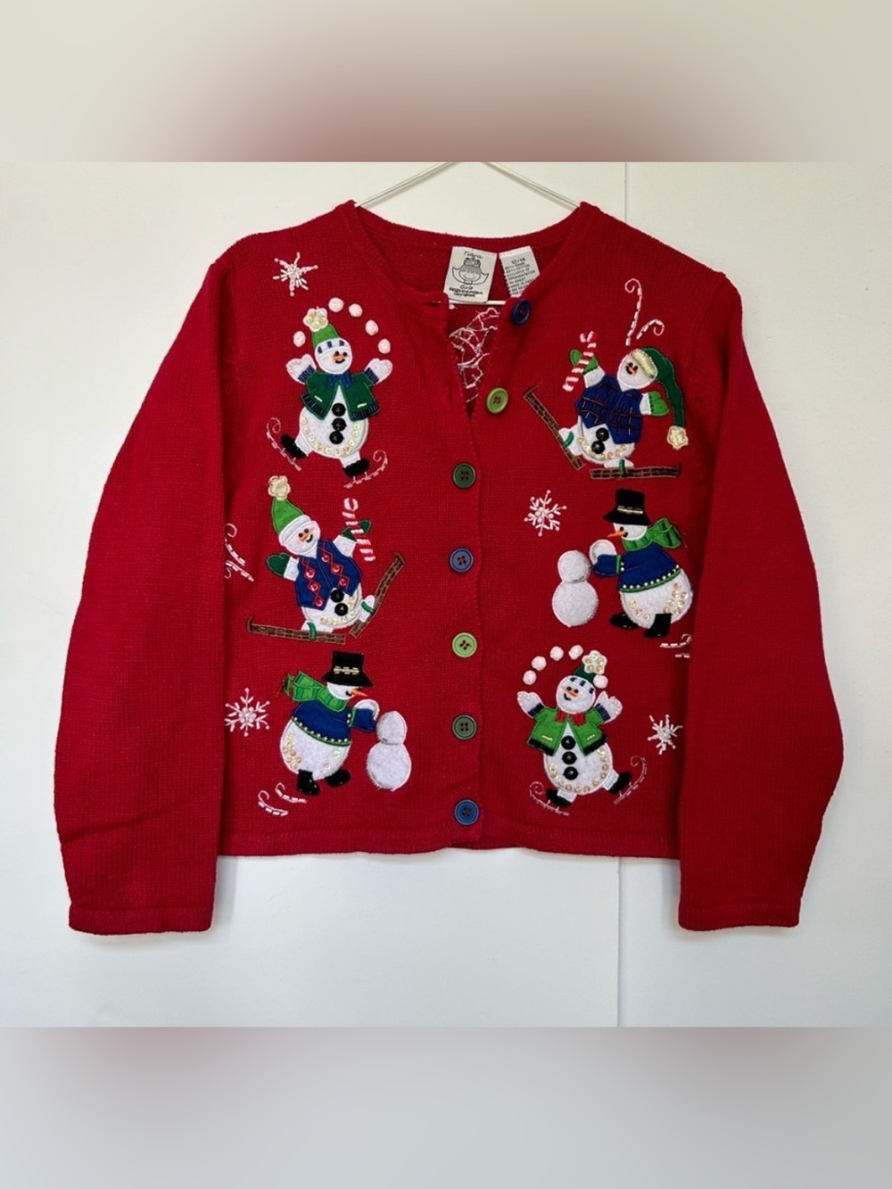 Red Ugly Holiday Sweater Christmas Cardigan Beaded with Snowmen Size 12/14